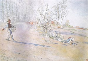 Johan egy nagy nyitott zacskóban vitte a zabot, amit hevederekkel rögzítettek alkotó: Carl Larsson